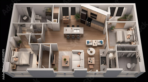Efficient Living: Discover the Top-View Floor Plan of This Open Concept Apartment. AI image