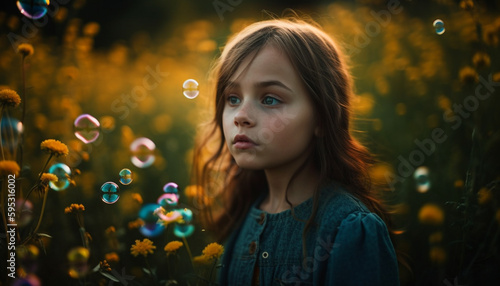 Cute girl blowing bubbles in nature beauty generated by AI