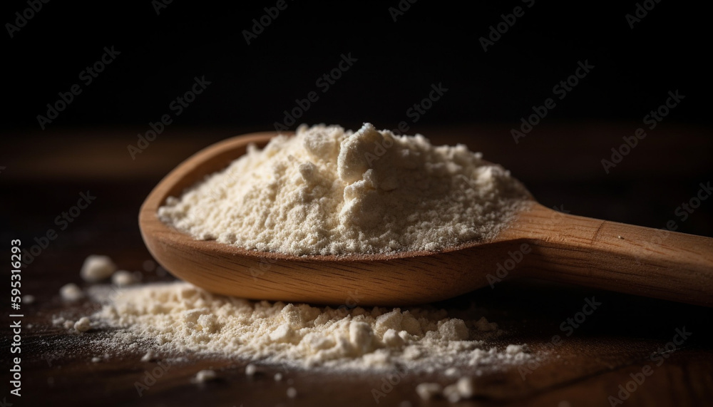 Organic flour heap on wooden table close up generated by AI Organic flour heap on wooden table close up generated by AI