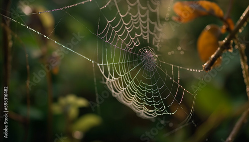 Wet spider web traps dew drops beautifully generated by AI