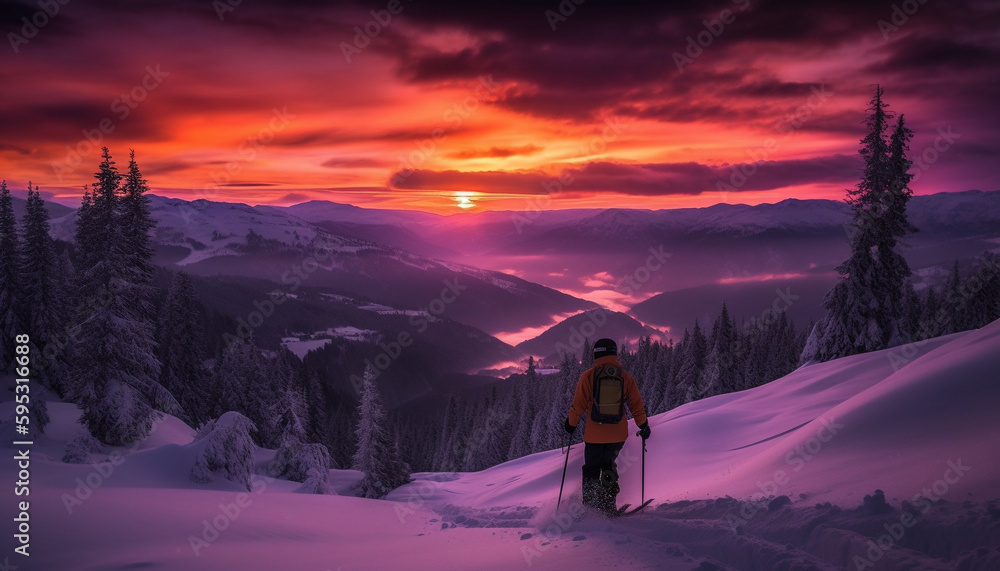 Backpacker hiking winter mountain peak at sunset generated by AI