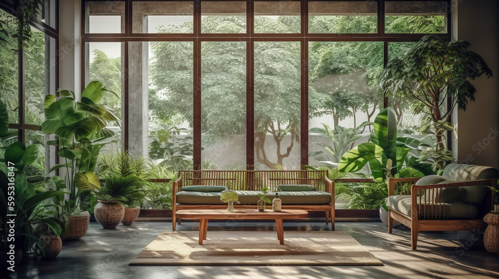 Embrace Nature in Style, the Charm of an Urban Modern Glass Sunroom with Trees and Sofas, Generative AI