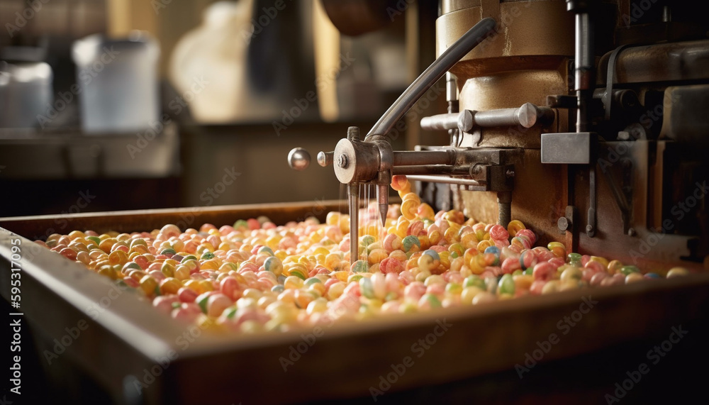 Abundance of candy in factory machinery close up generated by AI