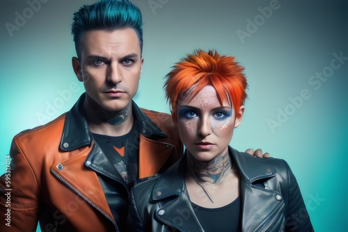 a man and woman with orange hair and tattoos - Generative AI