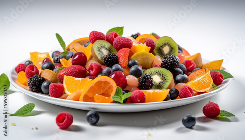 Fresh fruit salad with raspberry, kiwi, and mint generated by AI