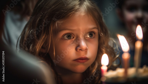 Cute Caucasian toddler smiling at burning candle flame generated by AI