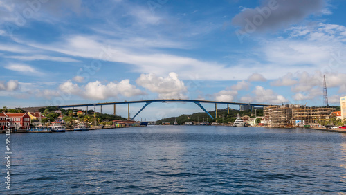 Queen Juliana Bridge, as seen from the town of Willemstad, the capital of Curacao, a Dutch Antilles island in the Caribbean © parkerspics