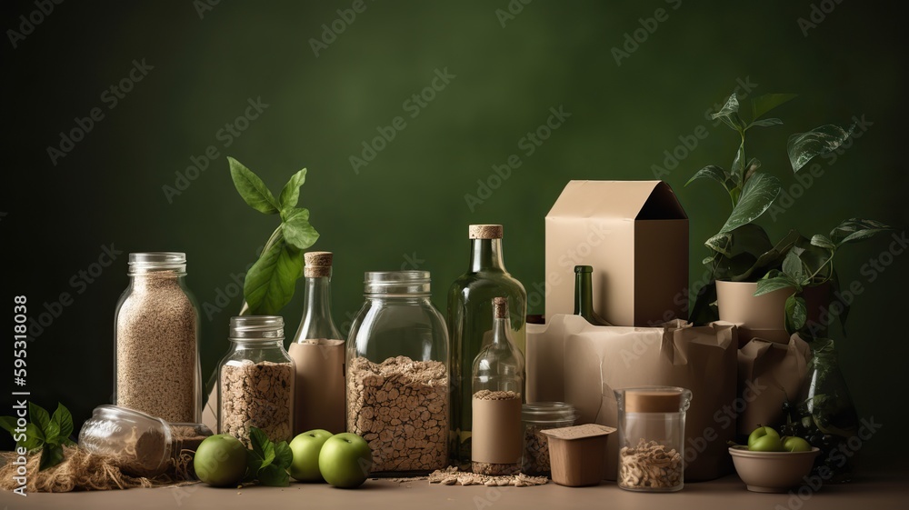 AI Generative. AI Generated. Background of set organic eco recycle reusable boxes, containers, bottles and packages. Planet ecology care vibe. Graphic Art Illustration. AI Generative. AI Generated. Background of set organic eco recycle reusable boxes, containers, bottles and packages. Planet ecology care vibe. Graphic Art Illustration.