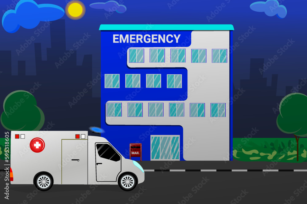 Ambulance near the hospital. Vector graphics.