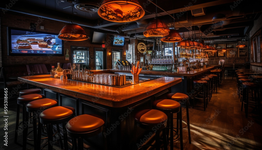 Luxury bar counter inside modern nightclub illuminated generated by AI