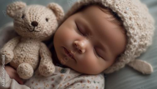 Newborn boy sleeping with teddy bear toy generated by AI