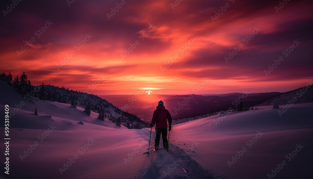 Silhouette of man on mountain peak skiing generated by AI