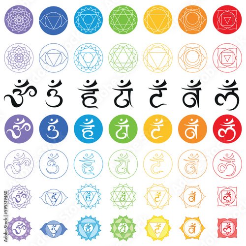 Icons of symbols and mantra of seven chakras