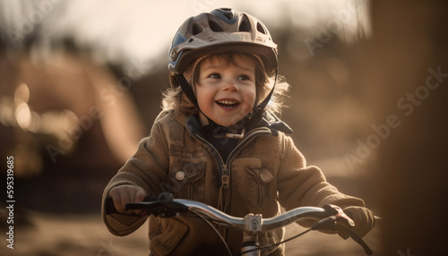 Cute, cheerful boys happily cycling outdoors generated by AI