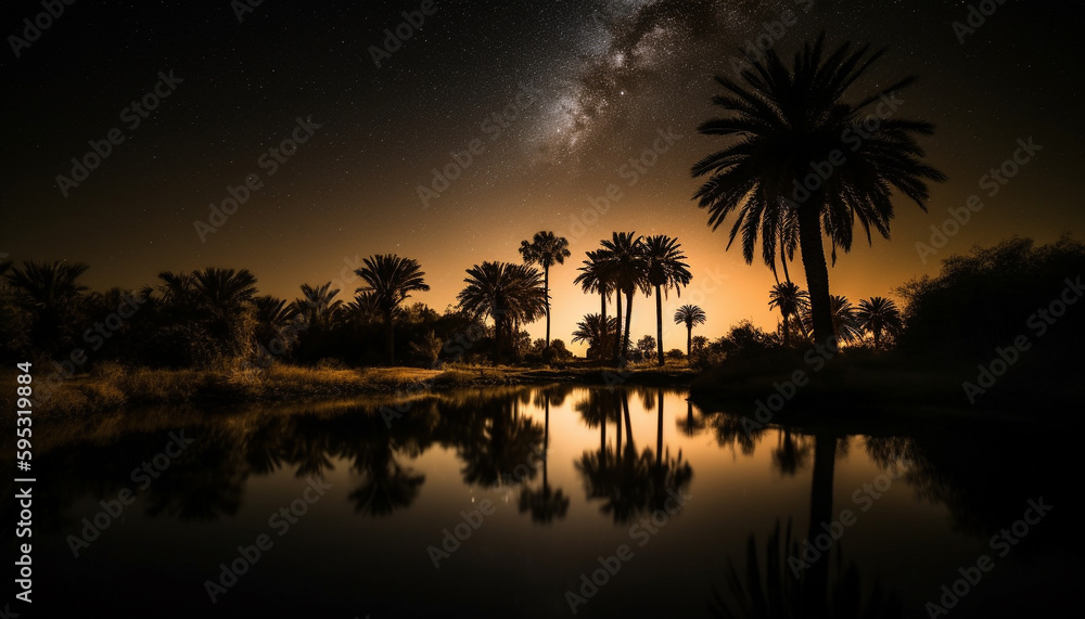 Silhouette palm trees back lit by orange sunset generated by AI Silhouette palm trees back lit by orange sunset generated by AI