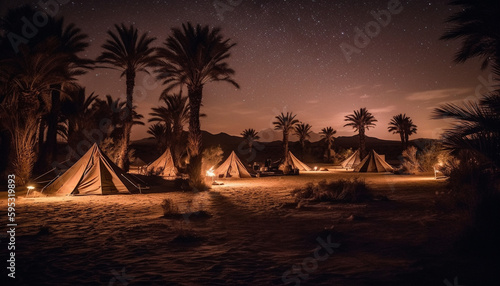 Camping under starry sky by ocean coast generated by AI