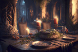 Spooky Halloween table with pumpkins and candles Generative AI