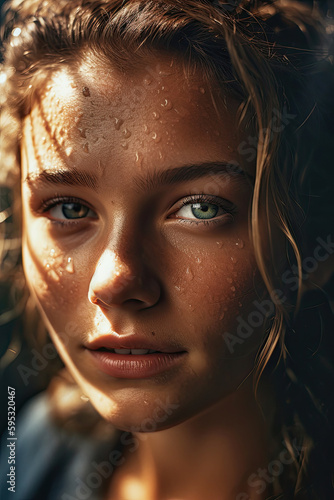 Natürliche Schönheit. Porträt einer jungen Frau im Sommer. Gesicht mit Schweißperlen. Strandschönheit. KI generiert