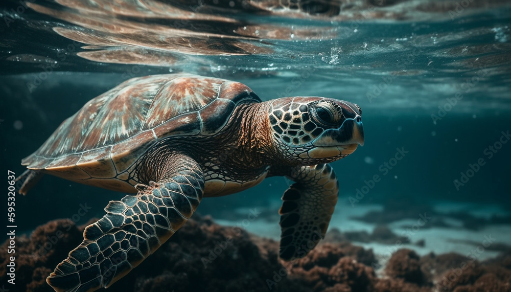 Fototapeta premium Large hawksbill turtle swimming in tropical reef generated by AI