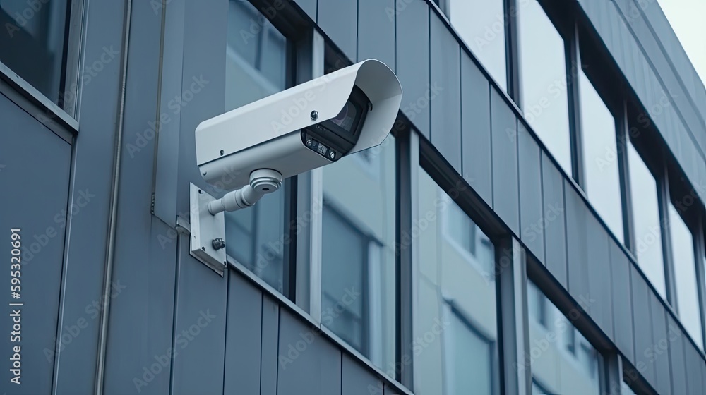 Security camera on the wall of a modern building created using generative AI tools Security camera on the wall of a modern building created using generative AI tools