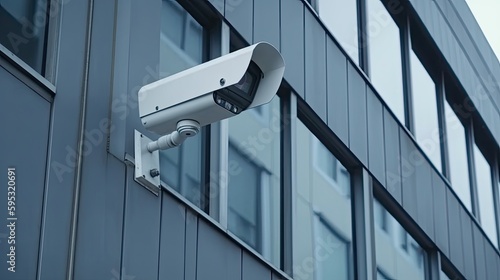 Security camera on the wall of a modern building created using generative AI tools