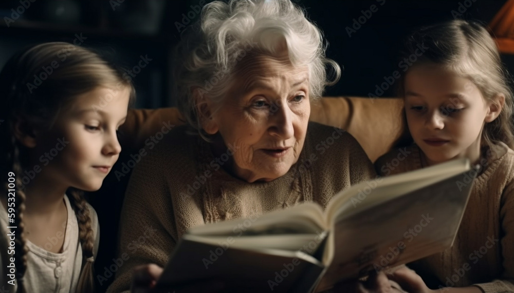 Three generations reading, learning, bonding happily together generated by AI Three generations reading, learning, bonding happily together generated by AI
