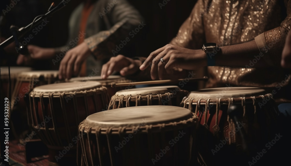 Men playing percussion instruments, a musician craft generated by AI