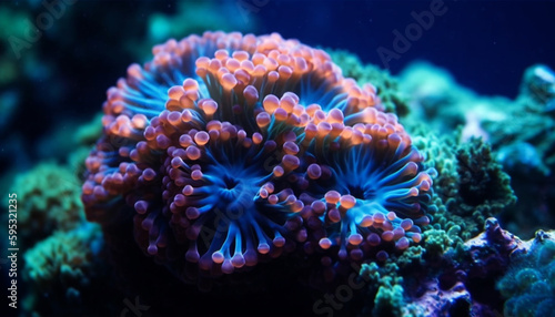 Colorful reef below, clownfish swim through tentacles generated by AI