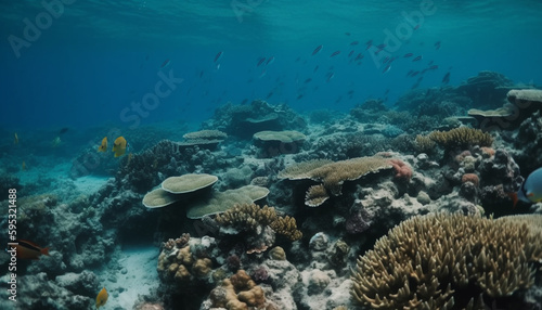 School of fish below coral  an underwater paradise generated by AI
