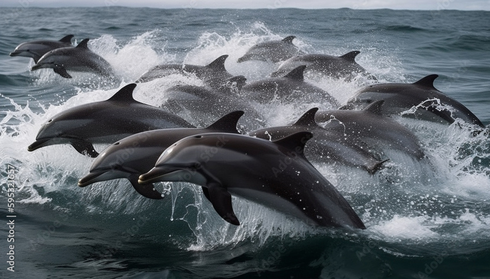 Fototapeta premium Wild dolphins jump, play in natural aquatic beauty generated by AI