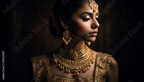 Glamorous young model exuding elegance in gold generated by AI