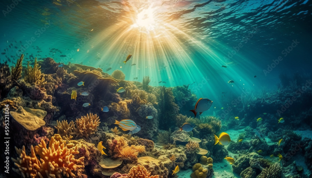 Colorful sea life swims in tropical reef generated by AI