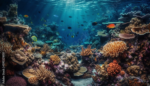 Underwater reef teeming with ful sea life generated by AI