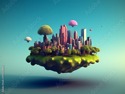 Skycrapers and trees on floating island. Concept of world environment day  nature day or green city.