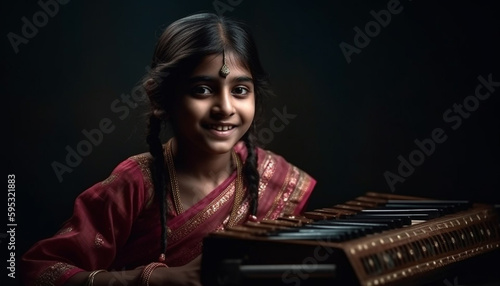 Piano playing girls smile with confidence and joy generated by AI