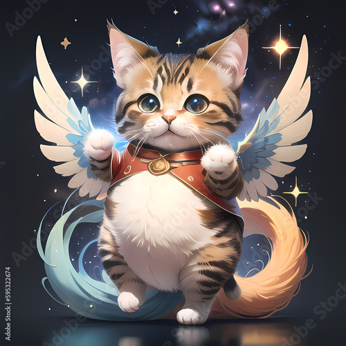 Playful Baby Cat with Wings: 2D Square Shape Caricature on Galaxy Background photo