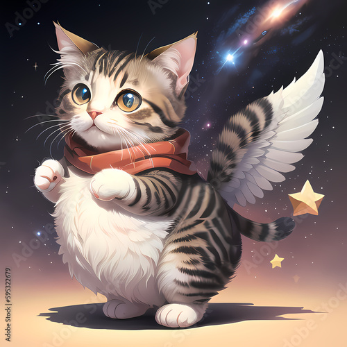 Playful Baby Cat with Wings: 2D Square Shape Caricature on Galaxy Background photo