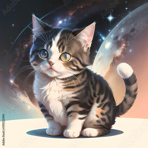 Playful Baby Cat with Wings: 2D Square Shape Caricature on Galaxy Background photo