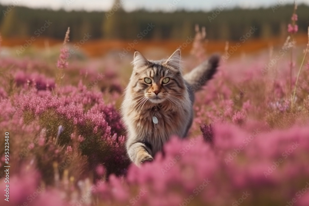 beautiful fluffy norwegian forest cat running through a flower field in