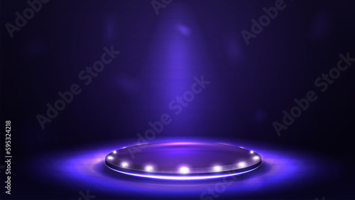 Empty violet podium for product presentation with spotlights, 3d realistic vector illustration.