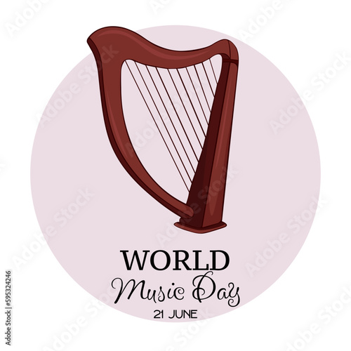 World Music Day with wooden harp vector. Music Day Poster, June 21st.