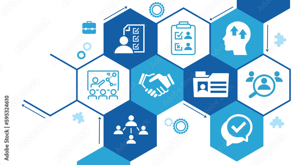 Onboarding vector illustration. Concept with connected icons related to welcoming new hire, welcome culture in the company, employee satisfaction, talent retention, workforce training. Onboarding vector illustration. Concept with connected icons related to welcoming new hire, welcome culture in the company, employee satisfaction, talent retention, workforce training.
