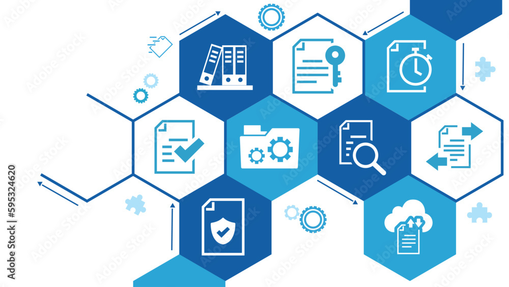 Document management vector illustration. Blue concept with no people related to digital file storage system and software, corporate records keeping, database technology. Document management vector illustration. Blue concept with no people related to digital file storage system and software, corporate records keeping, database technology.