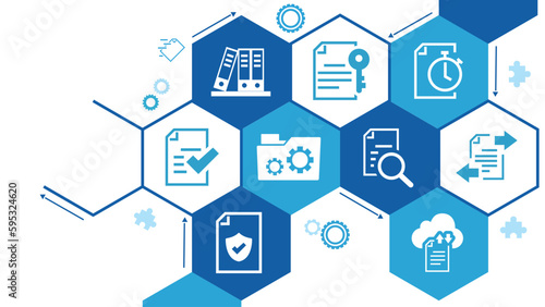 Document management vector illustration. Blue concept with no people related to digital file storage system and software, corporate records keeping, database technology.