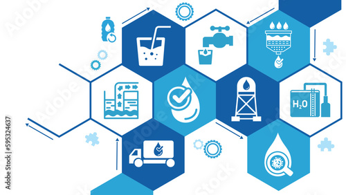 Water treatment vector illustration. water purification and testing, sewage treatment and recycling, sanitation and clean drinking water.