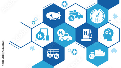 Hydrogen economy vector illustration. Concept with connected icons related to hydrogen use as fuel, in industrial processes, hydrogen storage and transport