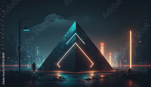 Futuristic Cyberpunk Cityscape at Night with Neon Lights and Geometric Triangles