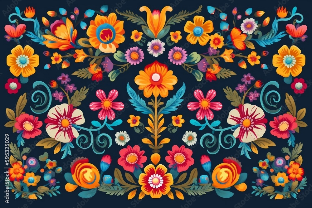 florals vector in mexico ethnic or folk ornaments, embroidery pattern or textile design. generative AI