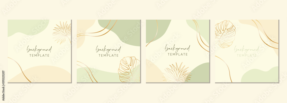 Abstract set of square templates with monstera, tropical leaves and geometric shapes. Good for social media posts, mobile apps, banner designs and online promotions. Tropical background collection.