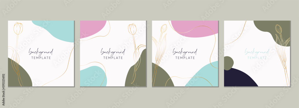 Abstract set of square templates with tulip flowers, leaves and organic shapes. Good for social media posts, mobile apps, banner designs and online promotions. Floral background set.